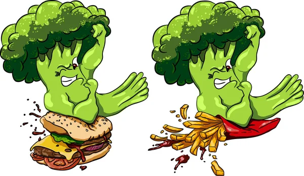 Brokoli vs hamburger ve patates kızartması, sağlıklı gıda hızlı, yarışma.