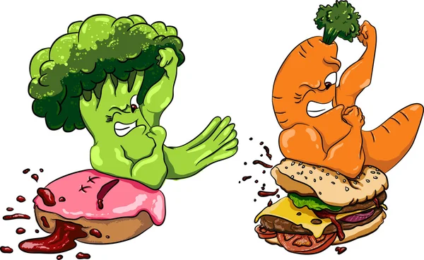 Broccoli vs donut, carrots  burger, healthy food fast  , competition. — Stock Vector