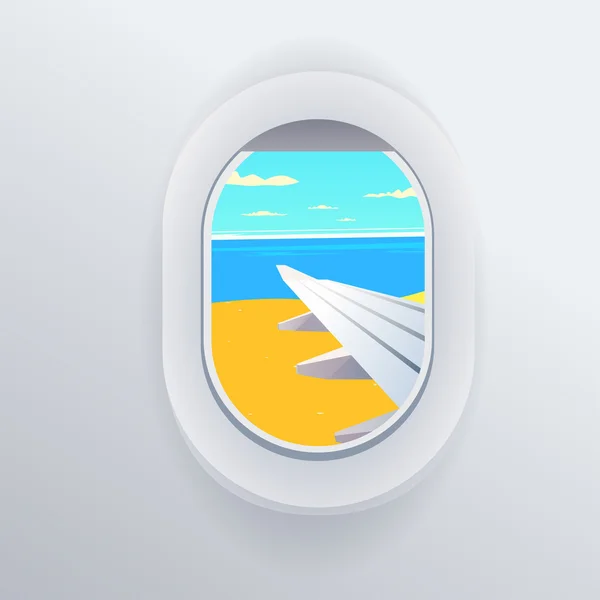 Вид с самолета. Окно самолета. Места отдыха. Летние каникулы Тропический пляж. Доброе утро. Плоская веб-векторная иллюстрация — стоковый вектор
