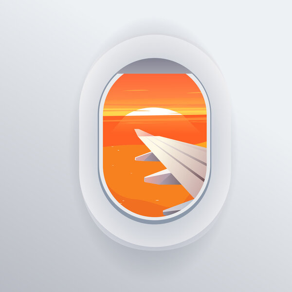 Вид с самолета. Окно самолета. Места отдыха. Летние каникулы Тропический пляж. Закат. Плоская веб-векторная иллюстрация
