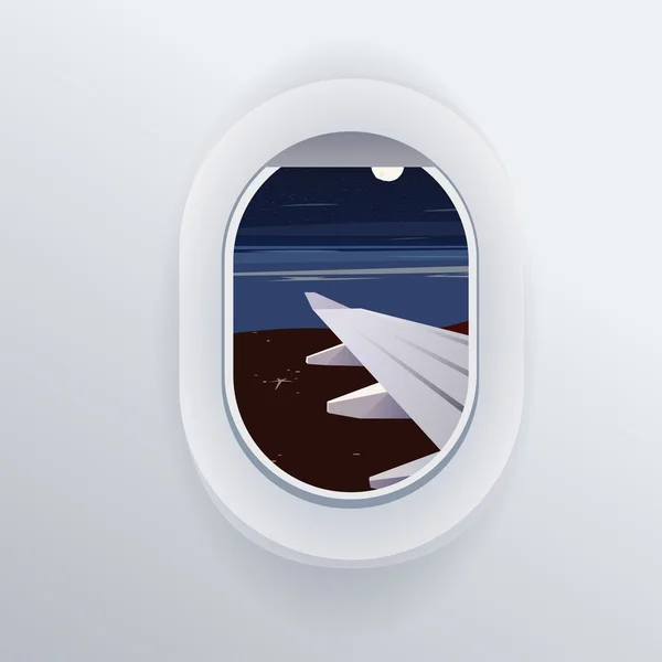 Vista do avião. Avião da janela. Destinos de férias. Férias de verão. Praia tropical. Boa noite. ilustração vetorial web plana — Vetor de Stock