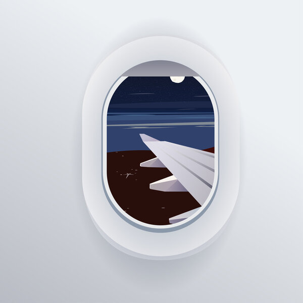 Вид с самолета. Окно самолета. Места отдыха. Летние каникулы Тропический пляж. Спокойной ночи. Плоская веб-векторная иллюстрация
