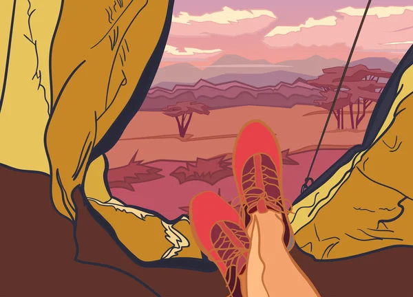 Vektör çizim Temalar niteliğine Afrika, safari, günbatımı Savannah, av, kamp, gezi. Spor, Açık Rekreasyon, maceralar, tatil. Modern tasarım. çadır.