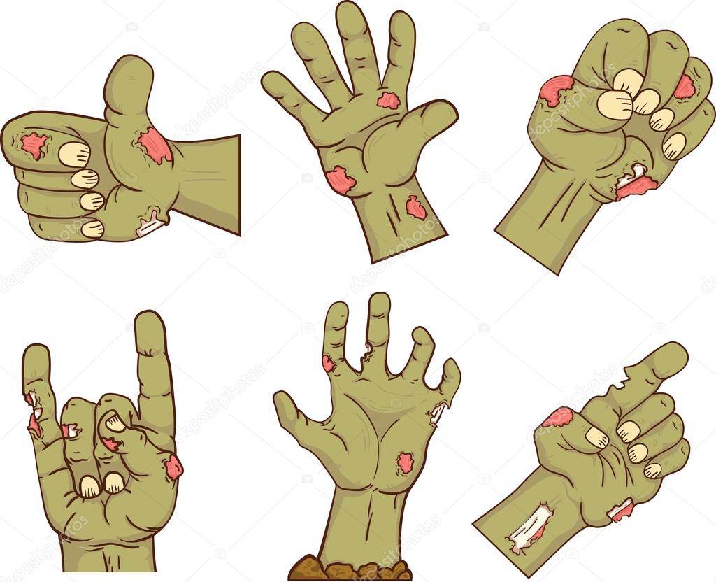 Set of icons,zombie hands. Collection  gestures dead   for the Halloween. Funny hand  people design elements. Vector.