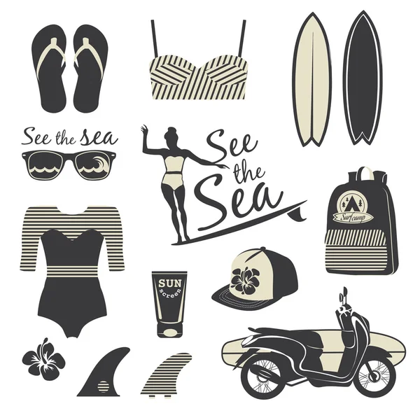 Beach style. Surfer girl retro vector set. Vintage surf elements