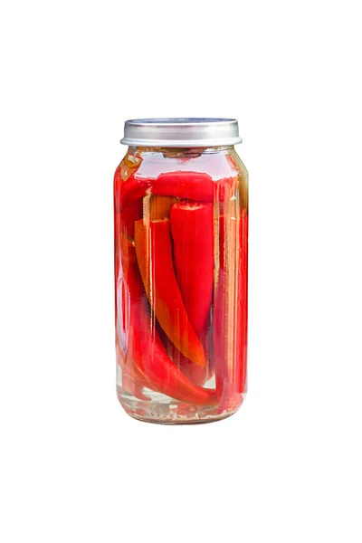 Papryka Chili Szklanym Słoiku Domowe Ogórki — Zdjęcie stockowe