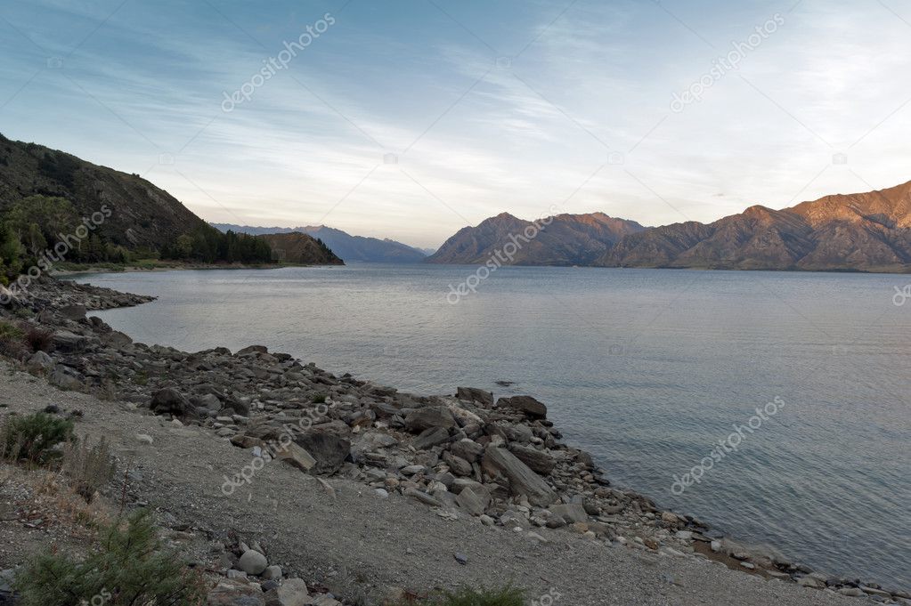 Lake Hawea located in the Otago Region of New Zealand is a popular resort, and is well used in the summer for fishing, boating and swimming