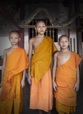 Eski bir tapınakta Luang Prabang, Laos ikamet eden üç tanımlanamayan Budist acemi rahipler