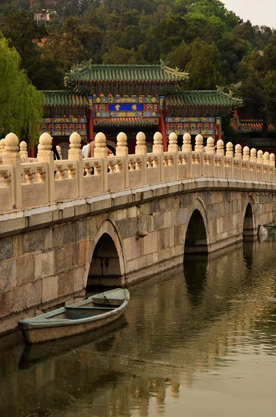 Boat near bridge in chinese park