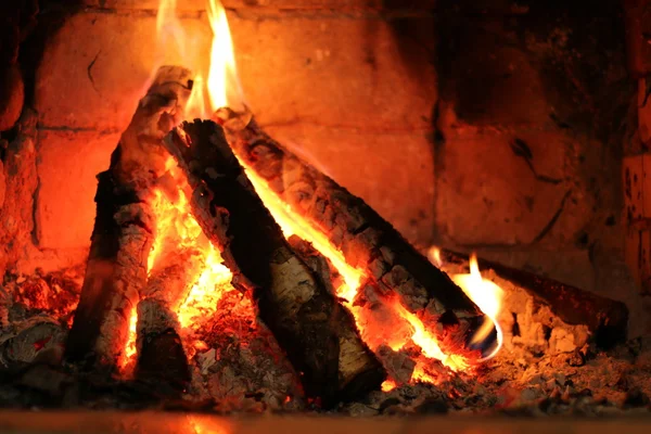 In the fireplace burning birch firewood — Stock Photo, Image