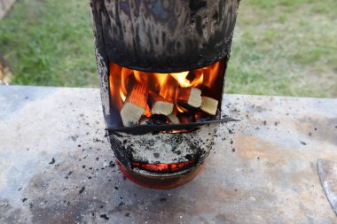 Kızarmış et kebabını ateşe verdikten sonra şöminede parlak bir ateşle odun yakmak. Ormanda piknik. 