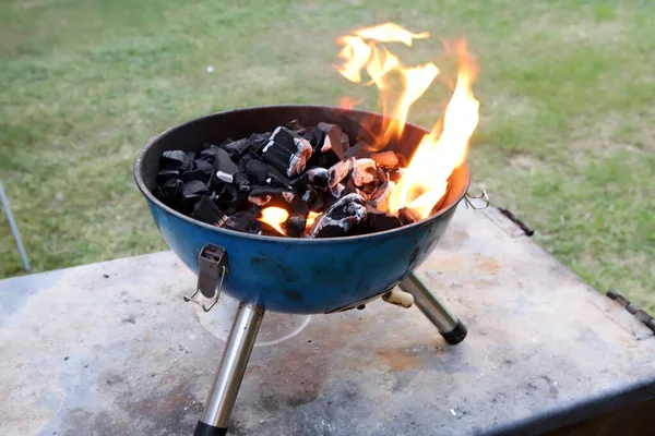 Сжигание Дров Ярким Пламенем Железном Гриле После Поджога Шашлыков Мясом — стоковое фото