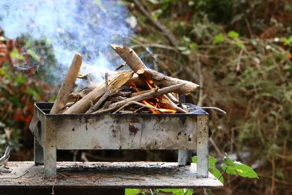 Burning Firewood Bright Flame Iron Grill Setting Fire Frying Meat — Stock Photo, Image