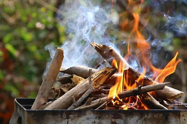 Brennendes Brennholz Mit Heller Flamme Einem Eisernen Grill Nachdem Gebratene — Stockfoto