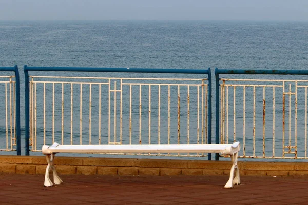 在以色列北部地中海沿岸的一个城市公园里的长椅上休息 — 图库照片