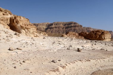 İsrail 'in güneyindeki Negev Çölü' ndeki Ramon Krateri 'ndeki dağ manzarası. Krater yaklaşık 40 km uzunluğunda, 9 km genişliğinde ve 350 m derinliğindedir.. 