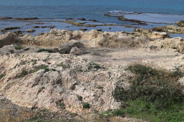 İsrail devletinin kuzeyindeki Akdeniz kıyılarında kayalar ve taşlar 