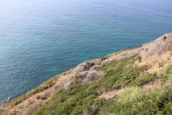 以色列国北部地中海海岸上的岩石和石子 — 图库照片