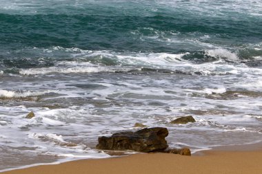 İsrail 'in kuzeyindeki Akdeniz kıyılarında büyük taş ve kabuklar 