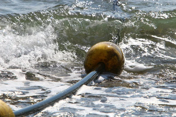 Rope Floating Buoys Sandy Beach Mediterranean Coast Seashore Sunny Day — Stock Photo, Image