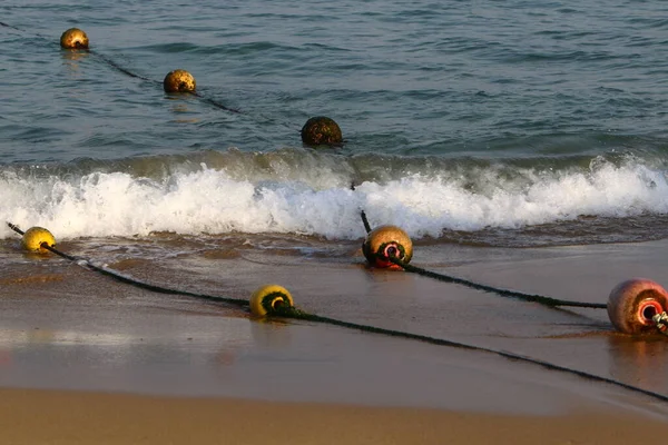 Rope Floating Buoys Sandy Beach Mediterranean Coast Seashore Sunny Day — Stock Photo, Image