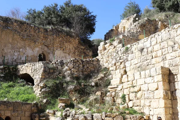 Ruins of an ancient stone fortress wall in northern Israel. The ruins of the ancient fortress of the Hospitallers