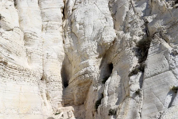 Rosh HaNikra 'daki beyaz tebeşir kayalıkları. Kuzey İsrail 'deki Rosh HaNikra Burnu İsrail ile Lübnan arasındaki sınırda.. 