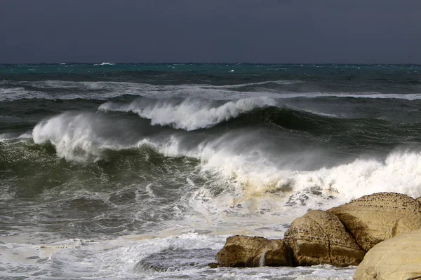 severe storm, wind and downpour in the Mediterranean Sea in northern Israel