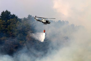 İsrail-Lübnan sınırındaki bir orman yangınını bir helikopter söndürdü. Ağaçlar ve çimenler yanıyor. 