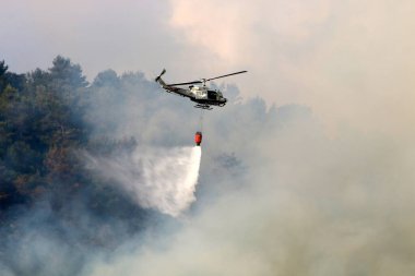 İsrail-Lübnan sınırındaki bir orman yangınını bir helikopter söndürdü. Ağaçlar ve çimenler yanıyor. 