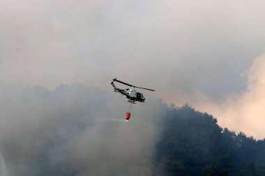 İsrail-Lübnan sınırındaki bir orman yangınını bir helikopter söndürdü. Ağaçlar ve çimenler yanıyor. 