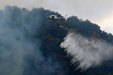 İsrail-Lübnan sınırındaki bir orman yangınını bir helikopter söndürdü. Ağaçlar ve çimenler yanıyor. 