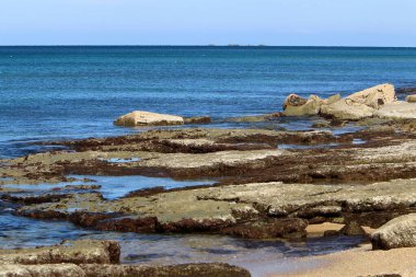 İsrail 'in kuzeyindeki Akdeniz' in kayalık kıyıları. 