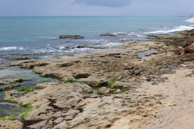 İsrail 'in kuzeyindeki Akdeniz' in kayalık kıyıları. 