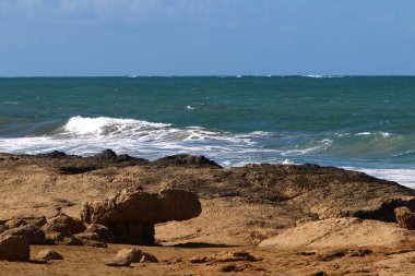 Kuzey İsrail 'deki Rocky Akdeniz kıyısında. Güneşli bir günde deniz manzarası. 
