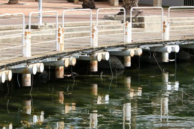 İsrail 'in Tel Aviv limanındaki Akdeniz kıyısındaki kayıkları bağlamak için bir iskele. 