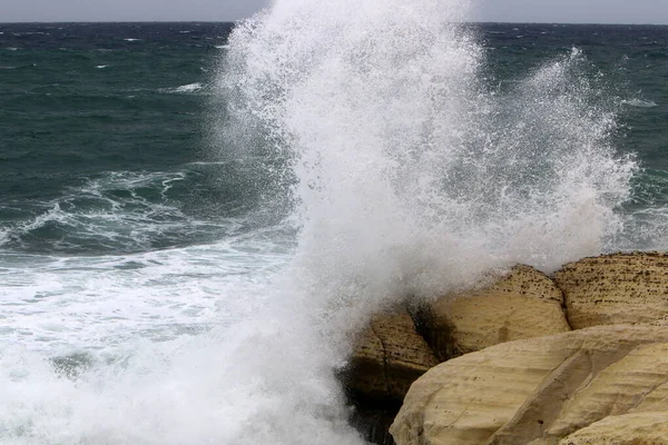 Big Waves Wind Mediterranean Sea Coast Israel Spring Storm Sea — Stock Photo, Image