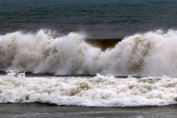 Big Waves Wind Mediterranean Sea Coast Israel Spring Storm Sea — Stock Photo, Image