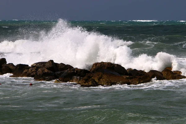 Grandes Ondas Vento Mar Mediterrâneo Largo Costa Israel Tempestade Primavera — Fotografia de Stock