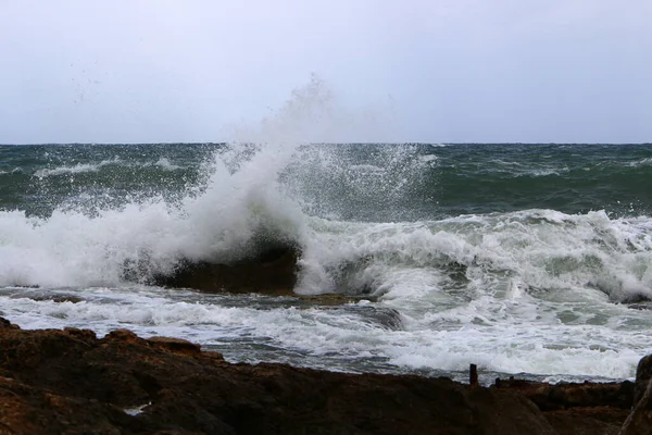 Grandes Ondas Vento Mar Mediterrâneo Largo Costa Israel Tempestade Primavera — Fotografia de Stock