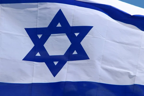 Banderas Blancas Azules Israel Con Estrella David Adornan Las Calles — Foto de Stock