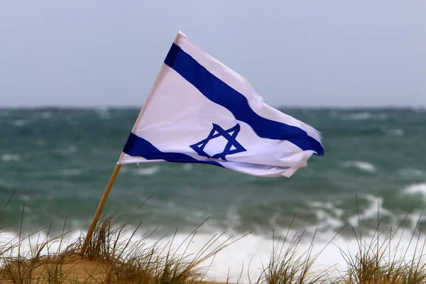 Banderas Blancas Azules Israel Con Estrella David Adornan Las Calles —  Fotos de Stock