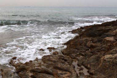 Akdeniz kıyısındaki yüksek kayalıklar. Kaya sahili.. 
