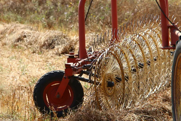 以色列北部的一个城市公园里站着古老的农业机械 — 图库照片