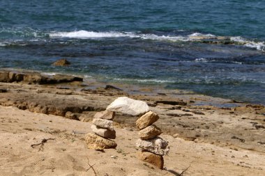 Taşlar, Kuzey İsrail 'deki Akdeniz' deki bir şehir parkında yatıyor. 