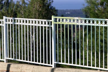 Yeşil bitkiler ve çiçekler İsrail 'in kuzeyindeki bir şehir parkında uzun bir çit boyunca yetişir. 