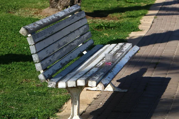 Banco Para Relaxamento Fica Parque Cidade Nas Margens Mar Mediterrâneo — Fotografia de Stock