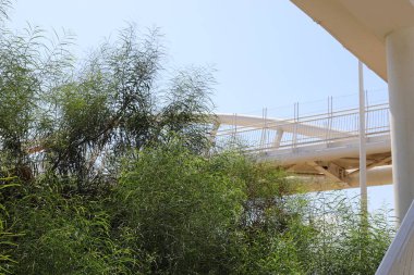 İsrail 'in kuzeyindeki bir nehrin üzerindeki büyük beton köprünün mimari detayları.. 