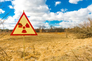 Radyasyon işareti kırmızı Forest yakınındaki Çernobil'de