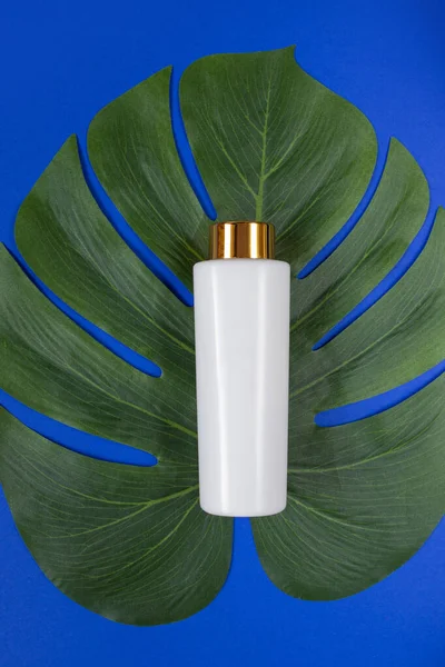 Sıvı, krem, jöle ve losyon için şişe. Mavi arka planda tropikal yapraklı osmetik şişe. SPA kozmetik ürünleri markalaştırma modeli. Düz yatış minimalist tarzı.